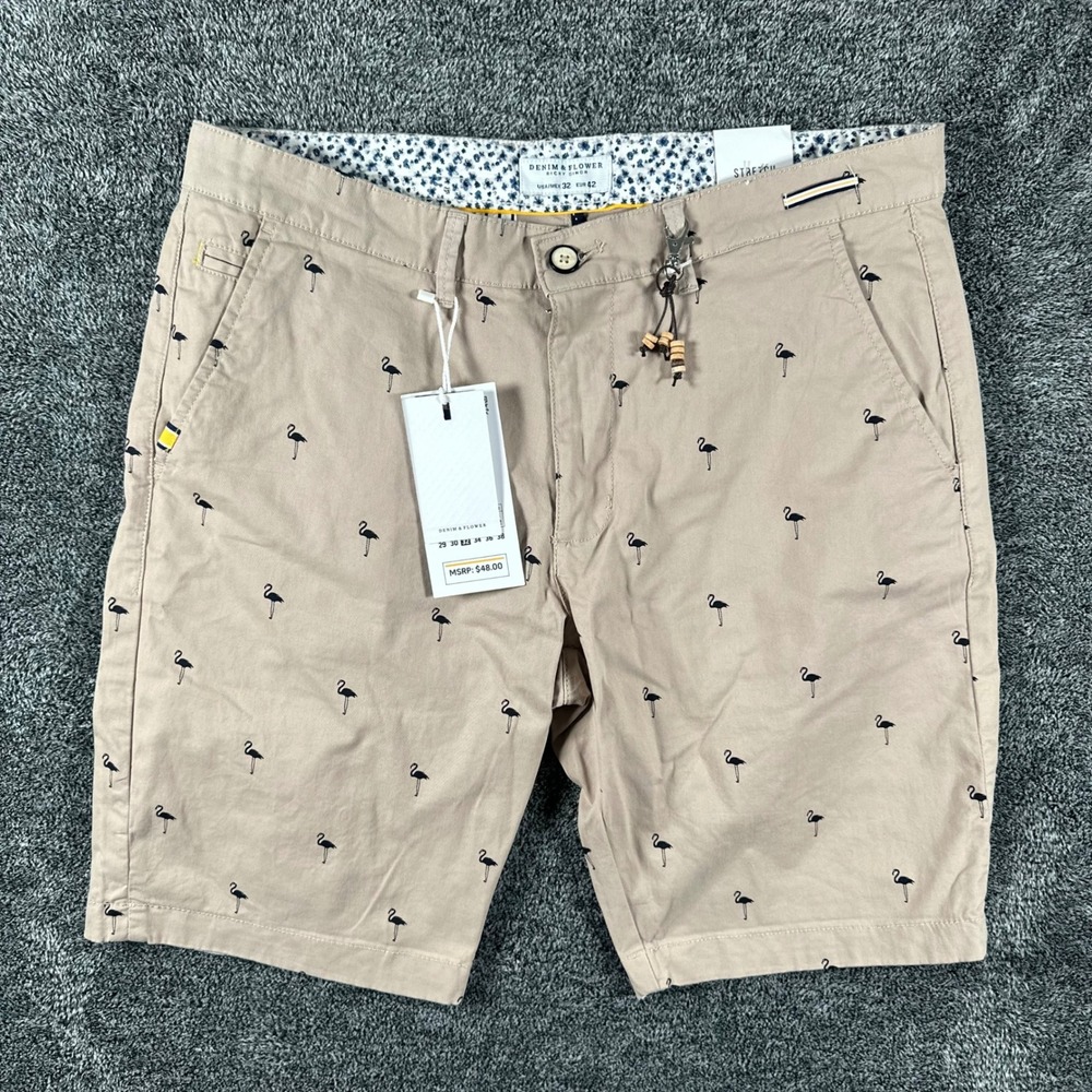 Denim & Flower Shorts Mens 32 Power Stretch Tan Flamingo Print Ricky Singh NEW